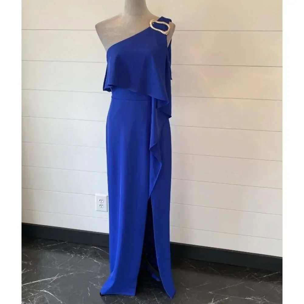 Halston Prussian Blue Joelle One-Shoulder Fluid Crepe Gown Size 2 NWT